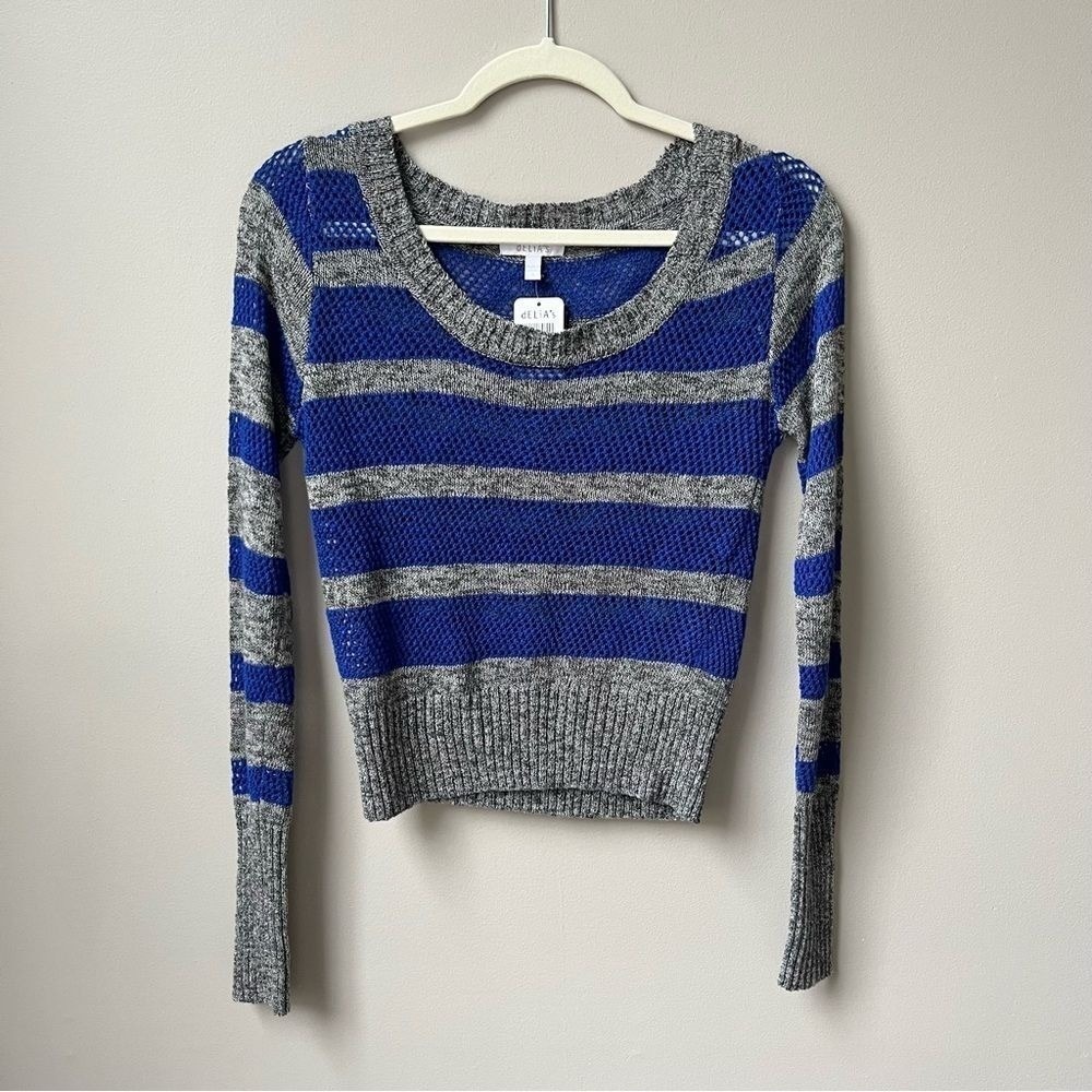 Delia's Sweater Women's Small‎ New NWT Blue Gray Striped Open Knit Y2K Style Top